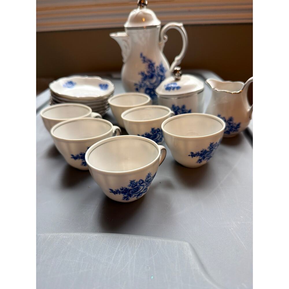 Vintage Schumann Bavaria Blue Rose Demitasse Coffee Set Germany 15 pc Porcelain